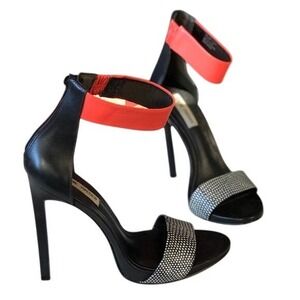 Steve Madden Yeller Black Leather Ankle‎ Strap Heels Coral Trim Women's